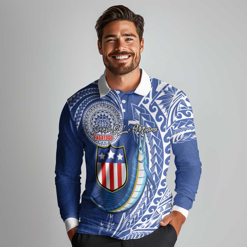 Personalised American Samoa Flag Day Long Sleeve Polo Shirt Fautasi Race Fagatogo-Iseula O Le Moana Sailfish Tribal Style