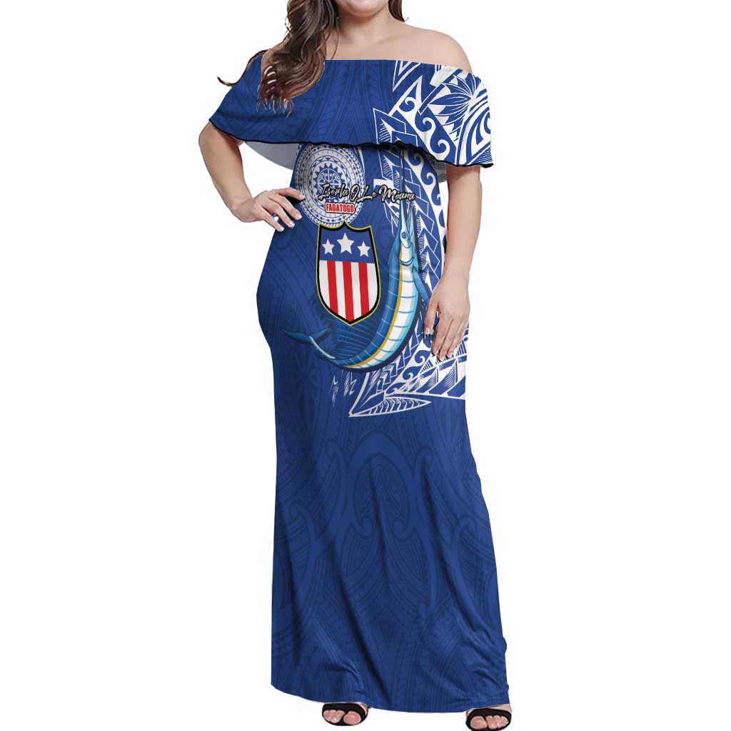 Personalised American Samoa Flag Day Off Shoulder Maxi Dress Fautasi Race Fagatogo-Iseula O Le Moana Sailfish Tribal Style