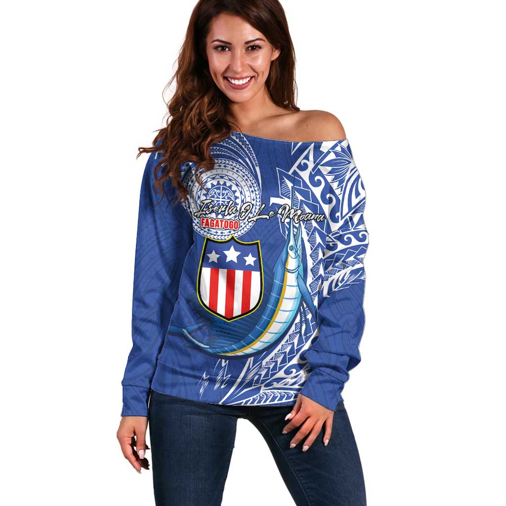 Personalised American Samoa Flag Day Off Shoulder Sweater Fautasi Race Fagatogo-Iseula O Le Moana Sailfish Tribal Style