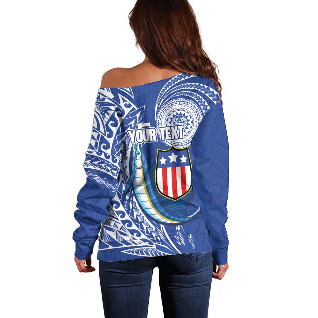 Personalised American Samoa Flag Day Off Shoulder Sweater Fautasi Race Fagatogo-Iseula O Le Moana Sailfish Tribal Style