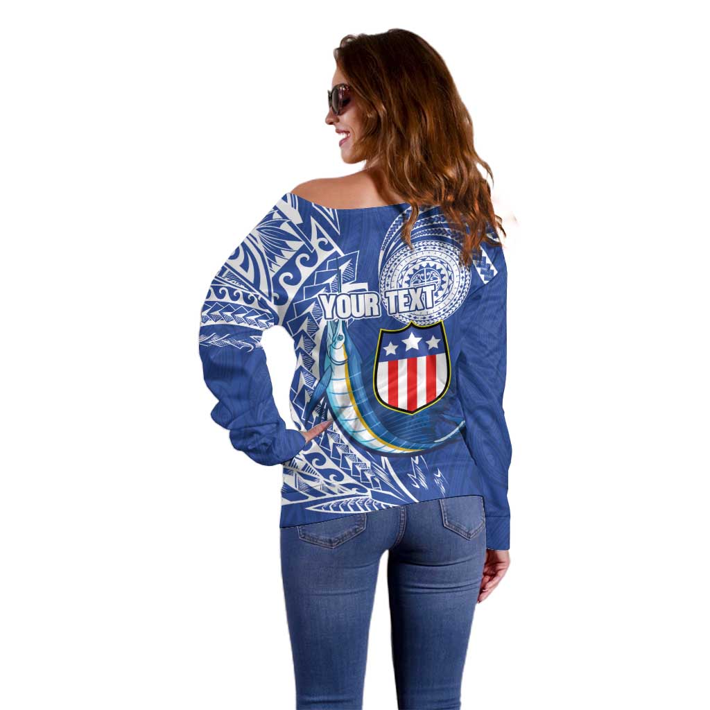 Personalised American Samoa Flag Day Off Shoulder Sweater Fautasi Race Fagatogo-Iseula O Le Moana Sailfish Tribal Style