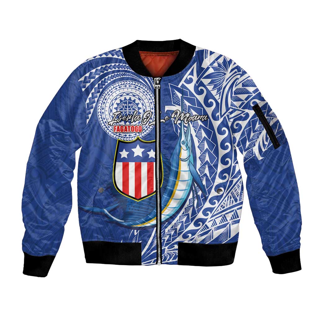 Personalised American Samoa Flag Day Sleeve Zip Bomber Jacket Fautasi Race Fagatogo-Iseula O Le Moana Sailfish Tribal Style