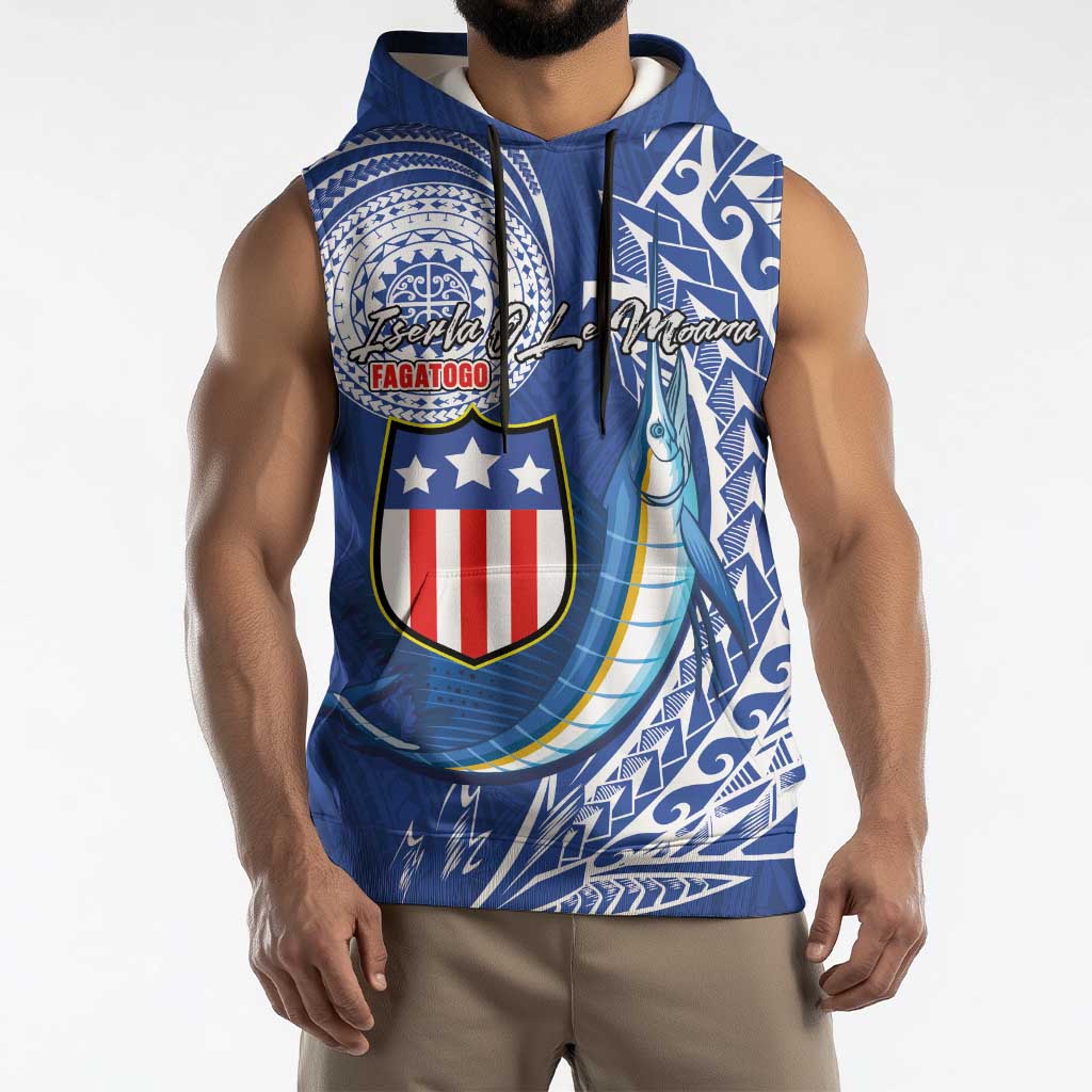 Personalised American Samoa Flag Day Sleeveless Hoodie Fautasi Race Fagatogo-Iseula O Le Moana Sailfish Tribal Style
