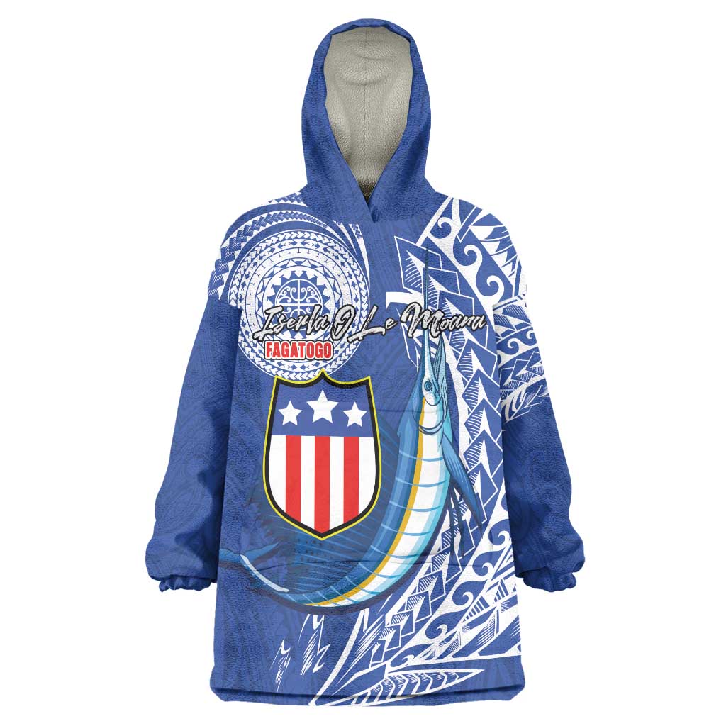 Personalised American Samoa Flag Day Wearable Blanket Hoodie Fautasi Race Fagatogo-Iseula O Le Moana Sailfish Tribal Style