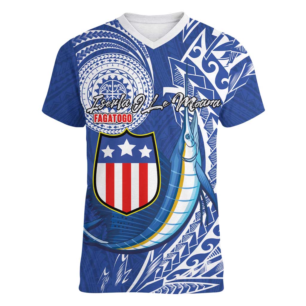 Personalised American Samoa Flag Day Women V-Neck T-Shirt Fautasi Race Fagatogo-Iseula O Le Moana Sailfish Tribal Style LT03 Female Multicolor - Polynesian Pride