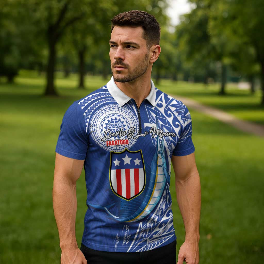 Personalised American Samoa Flag Day Zipper Polo Shirt Fautasi Race Fagatogo-Iseula O Le Moana Sailfish Tribal Style