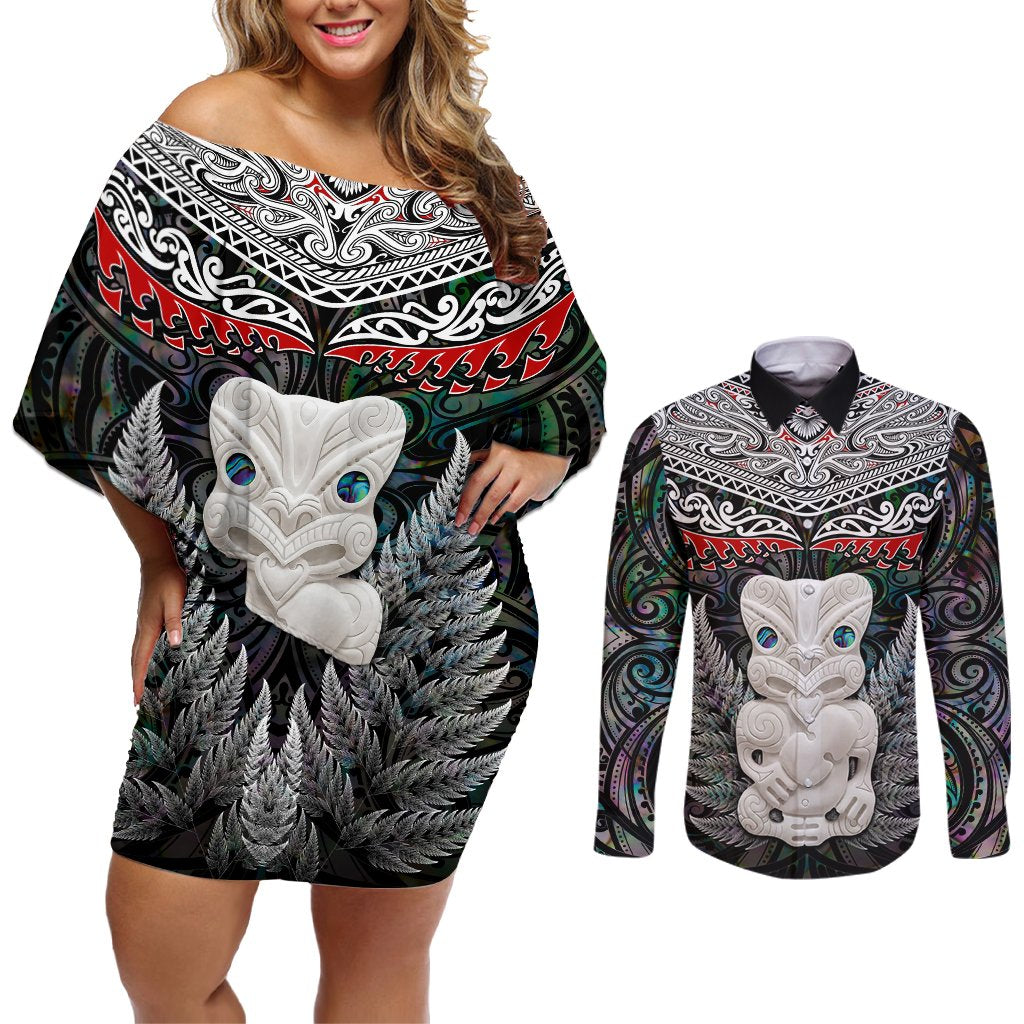 New Zealand Hei Tiki Couples Matching Off Shoulder Short Dress and Long Sleeve Button Shirt Maori Green Papua Shell Pattern LT03 Green - Polynesian Pride