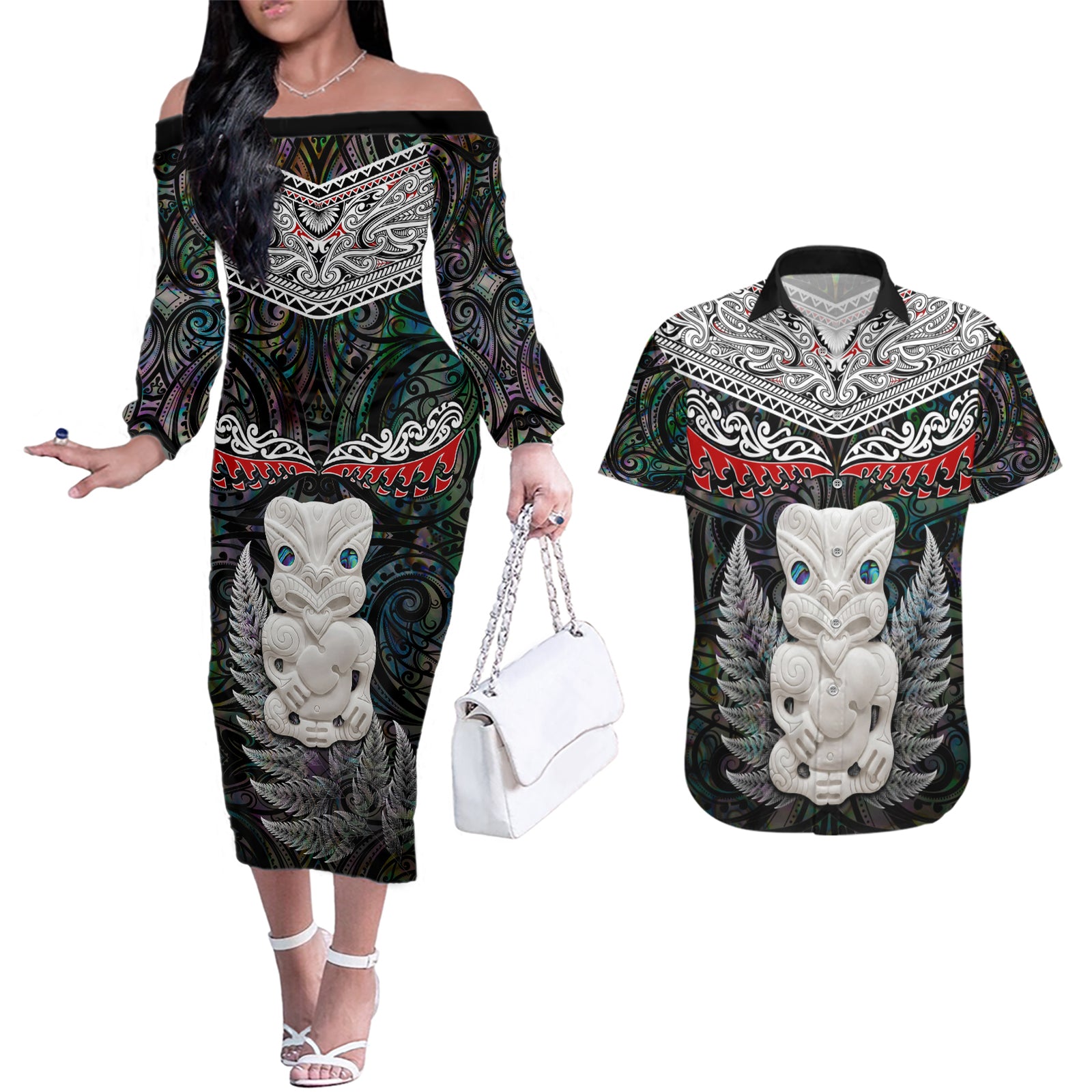New Zealand Hei Tiki Couples Matching Off The Shoulder Long Sleeve Dress and Hawaiian Shirt Maori Green Papua Shell Pattern LT03 Green - Polynesian Pride