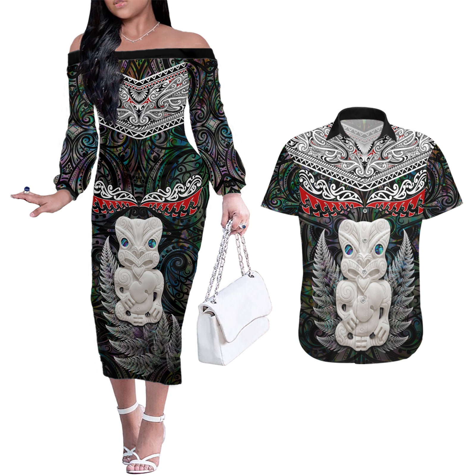 New Zealand Hei Tiki Couples Matching Off The Shoulder Long Sleeve Dress and Hawaiian Shirt Maori Green Papua Shell Pattern LT03 Green - Polynesian Pride