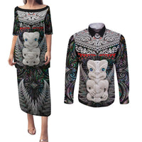 New Zealand Hei Tiki Couples Matching Puletasi and Long Sleeve Button Shirt Maori Green Papua Shell Pattern LT03 Green - Polynesian Pride
