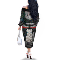 New Zealand Hei Tiki Family Matching Off Shoulder Long Sleeve Dress and Hawaiian Shirt Maori Green Papua Shell Pattern LT03 - Polynesian Pride