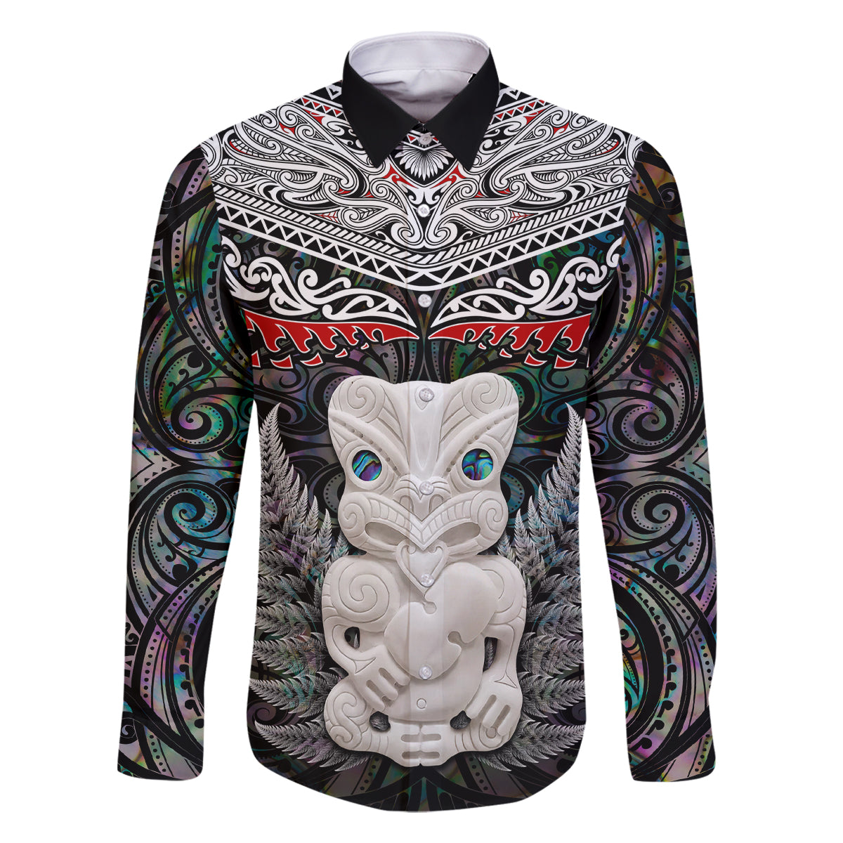 New Zealand Hei Tiki Family Matching Tank Maxi Dress and Hawaiian Shirt Maori Green Papua Shell Pattern LT03 Dad's Shirt - Long Sleeve Green - Polynesian Pride