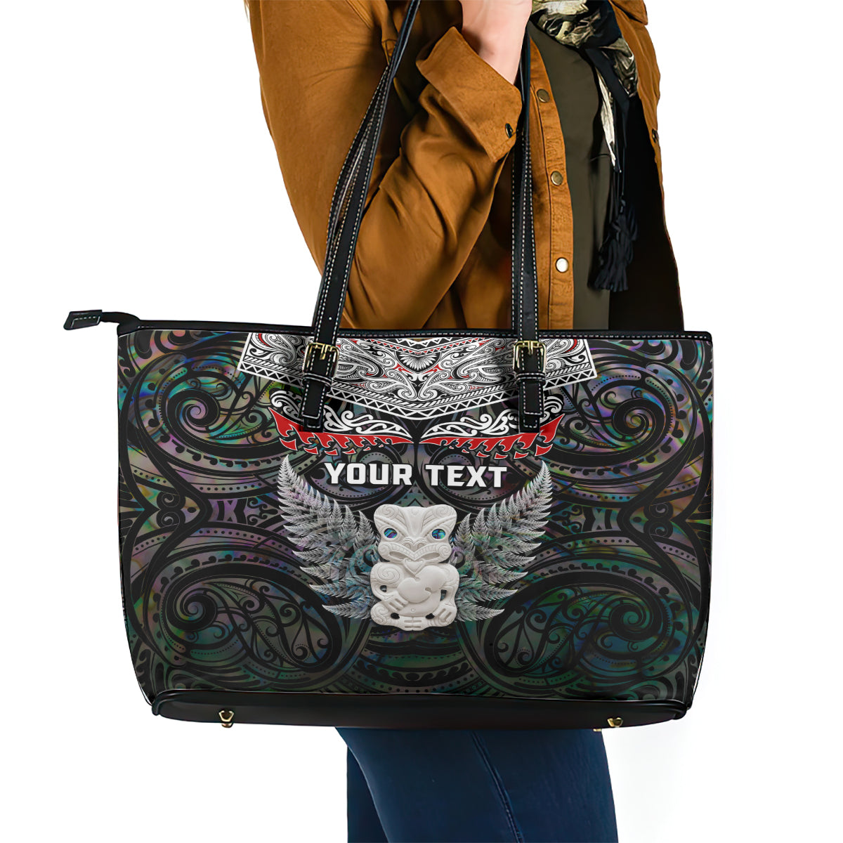New Zealand Hei Tiki Leather Tote Bag Maori Green Papua Shell Pattern LT03 - Polynesian Pride