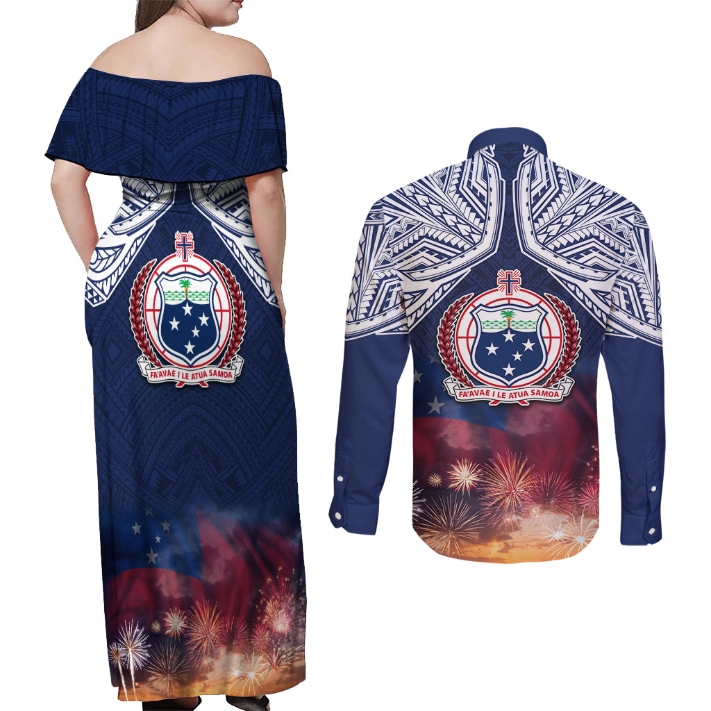 Samoa Indenpendence Day Couples Matching Off Shoulder Maxi Dress and Long Sleeve Button Shirt Sky Fireworks with Flag Style LT03 - Polynesian Pride