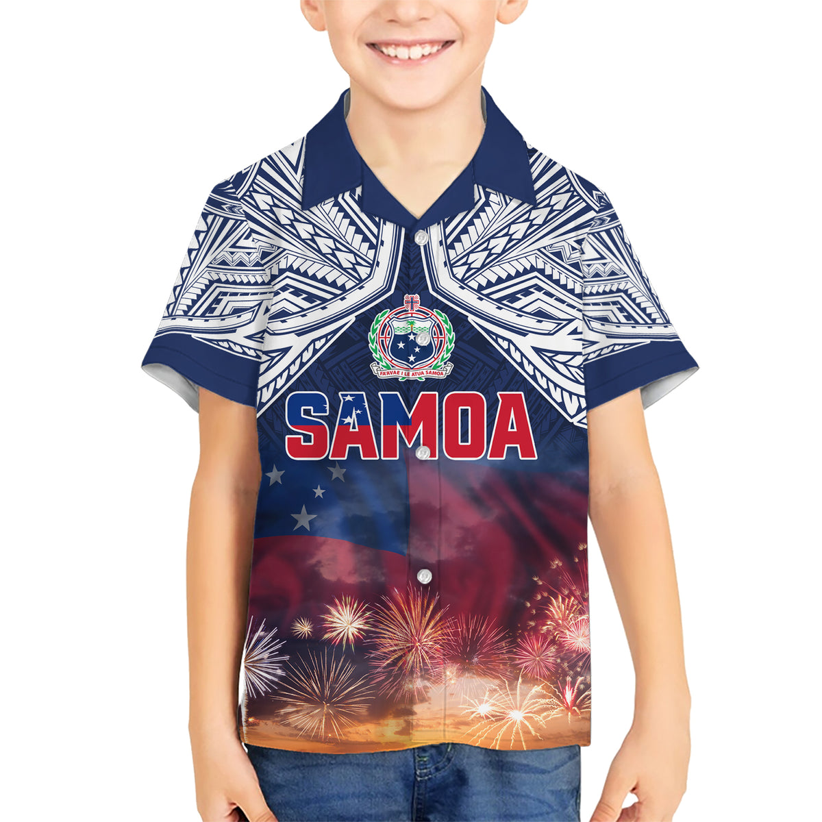 Samoa Indenpendence Day Family Matching Short Sleeve Bodycon Dress and Hawaiian Shirt Sky Fireworks with Flag Style LT03 Son's Shirt Black - Polynesian Pride