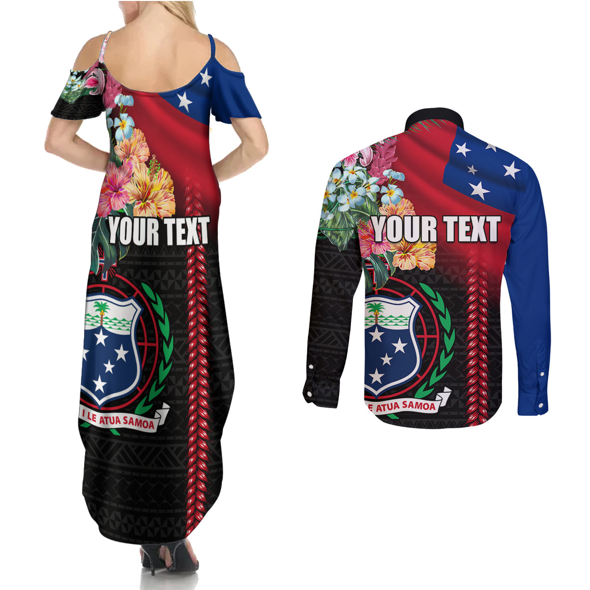 Personalised Samoa Indenpendence Day Couples Matching Summer Maxi Dress and Long Sleeve Button Shirt Tropical Samoan Coat of Arms With Siapo Pattern LT03 - Polynesian Pride