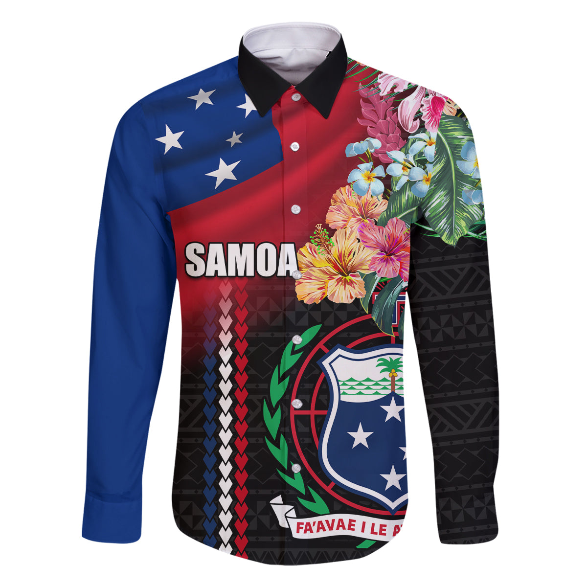 Personalised Samoa Indenpendence Day Family Matching Long Sleeve Bodycon Dress and Hawaiian Shirt Tropical Samoan Coat of Arms With Siapo Pattern LT03 Dad's Shirt - Long Sleeve Black - Polynesian Pride