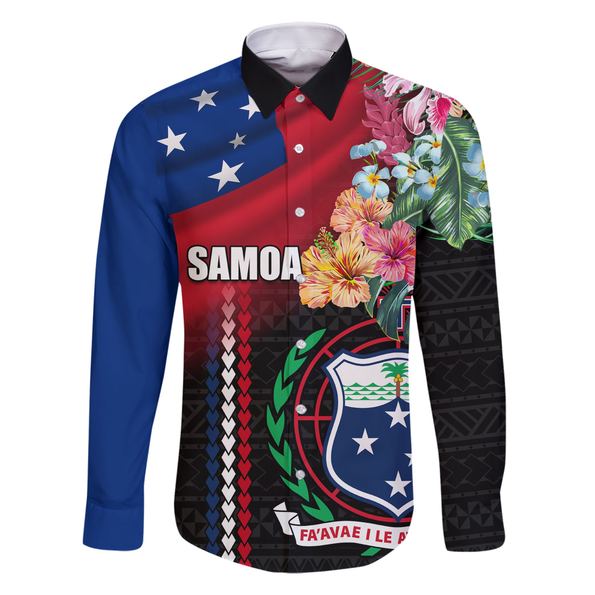 Personalised Samoa Indenpendence Day Family Matching Short Sleeve Bodycon Dress and Hawaiian Shirt Tropical Samoan Coat of Arms With Siapo Pattern LT03 Dad's Shirt - Long Sleeve Black - Polynesian Pride