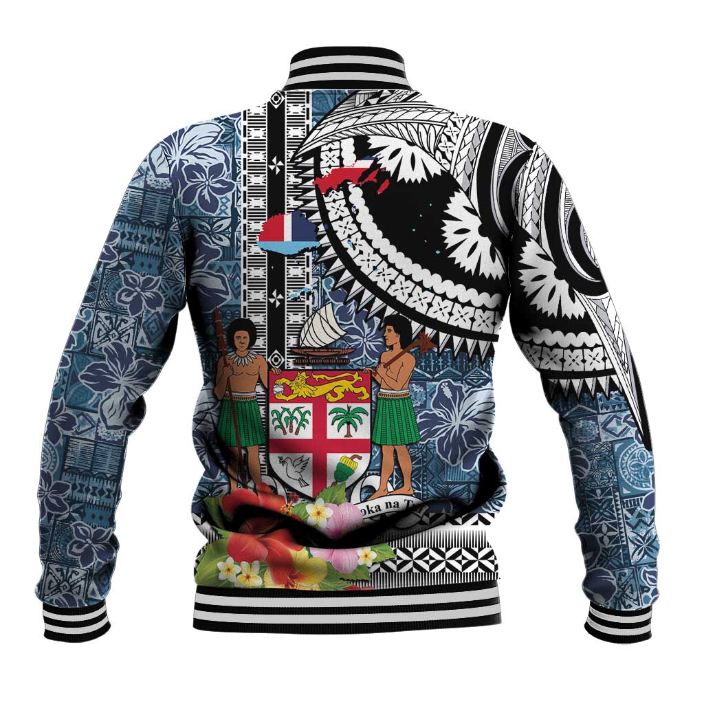 Fiji Day Baseball Jacket Traditional Tapa with Hibiscus and Emblems