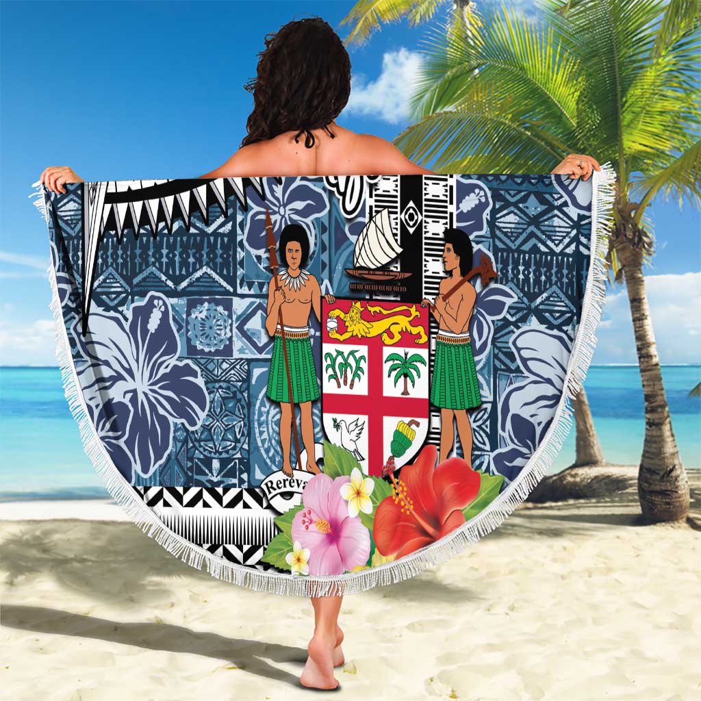 Fiji Day Beach Blanket Traditional Tapa with Hibiscus and Emblems