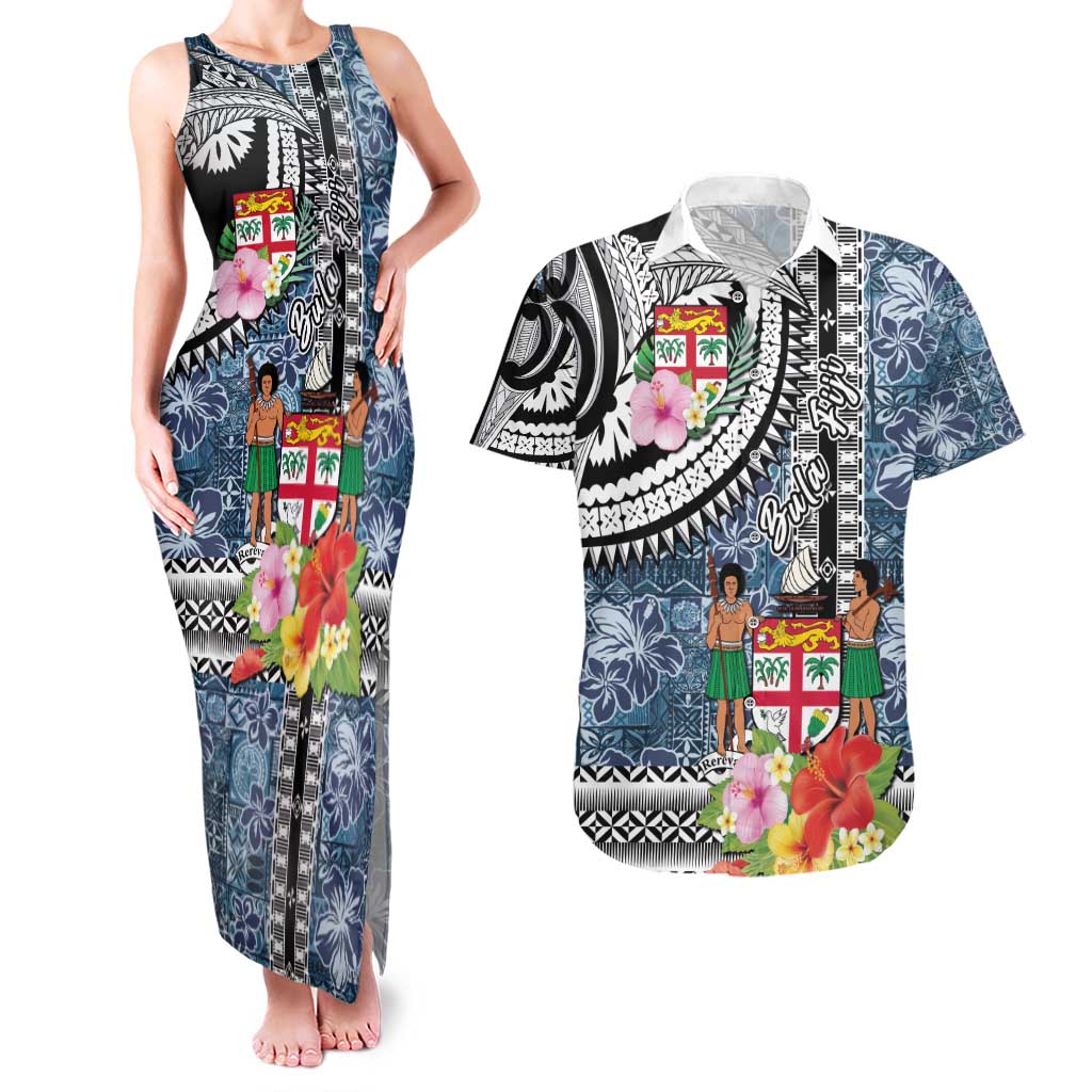 Fiji Day Couples Matching Tank Maxi Dress and Hawaiian Shirt Traditional Tapa with Hibiscus and Emblems
