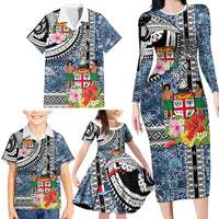 Fiji Day Family Matching Long Sleeve Bodycon Dress and Hawaiian Shirt Traditional Tapa with Hibiscus and Emblems