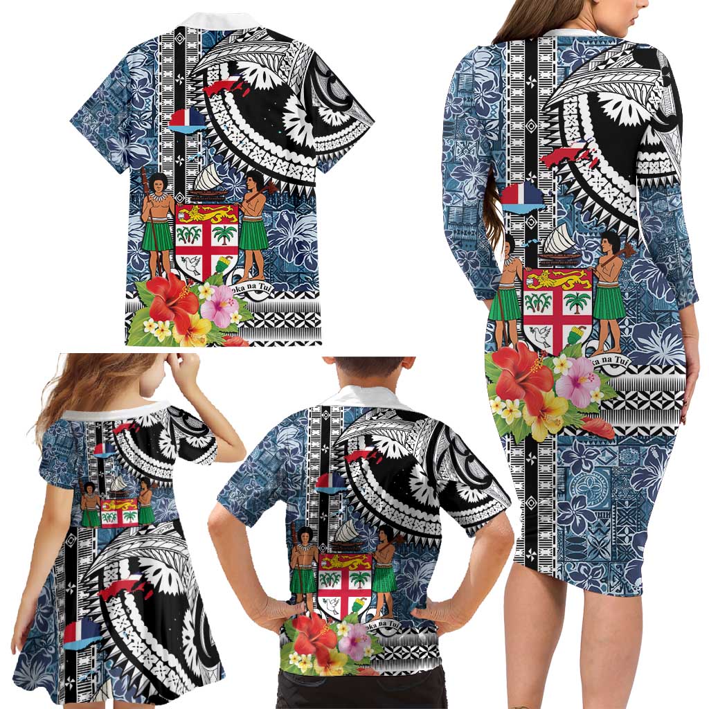 Fiji Day Family Matching Long Sleeve Bodycon Dress and Hawaiian Shirt Traditional Tapa with Hibiscus and Emblems