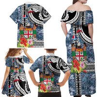 Fiji Day Family Matching Off Shoulder Maxi Dress and Hawaiian Shirt Traditional Tapa with Hibiscus and Emblems