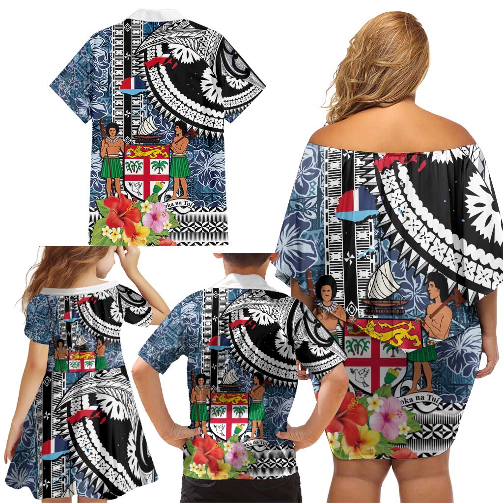 Fiji Day Family Matching Off Shoulder Short Dress and Hawaiian Shirt Traditional Tapa with Hibiscus and Emblems
