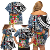 Fiji Day Family Matching Off Shoulder Short Dress and Hawaiian Shirt Traditional Tapa with Hibiscus and Emblems