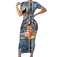 Fiji Day Family Matching Short Sleeve Bodycon Dress and Hawaiian Shirt Traditional Tapa with Hibiscus and Emblems
