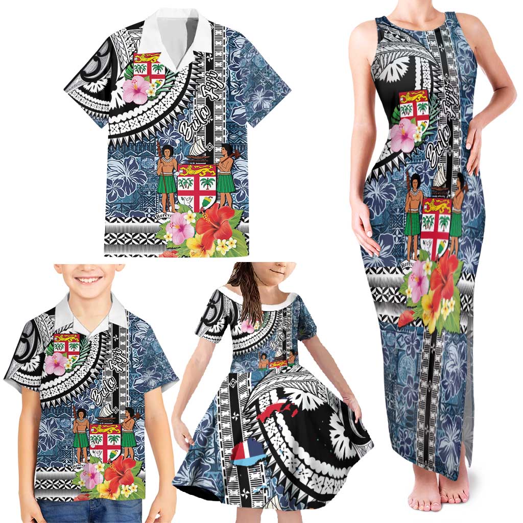Fiji Day Family Matching Tank Maxi Dress and Hawaiian Shirt Traditional Tapa with Hibiscus and Emblems