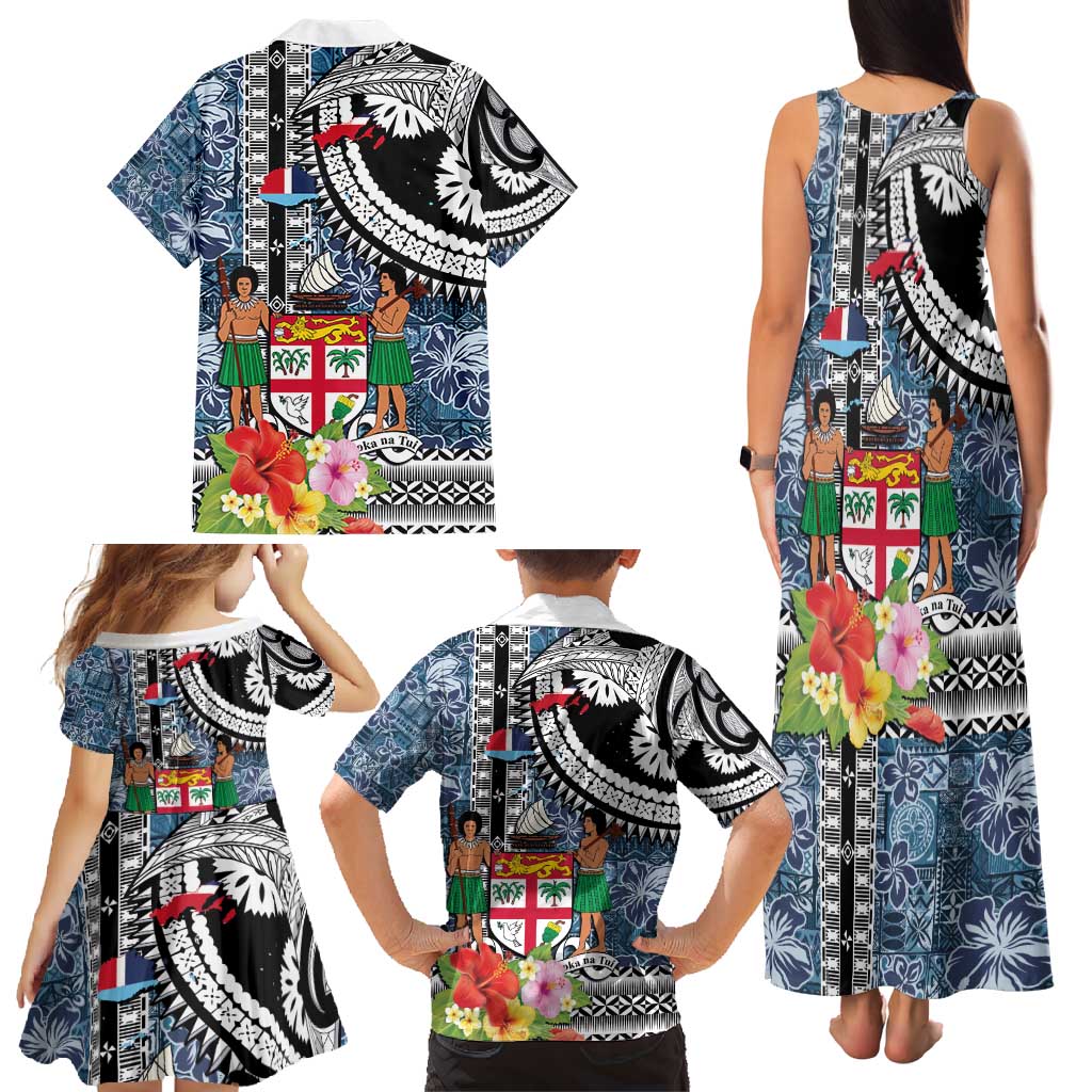 Fiji Day Family Matching Tank Maxi Dress and Hawaiian Shirt Traditional Tapa with Hibiscus and Emblems