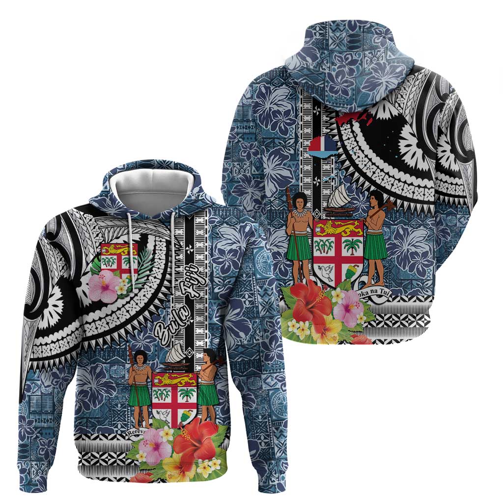 Fiji Day Hoodie Traditional Tapa with Hibiscus and Emblems