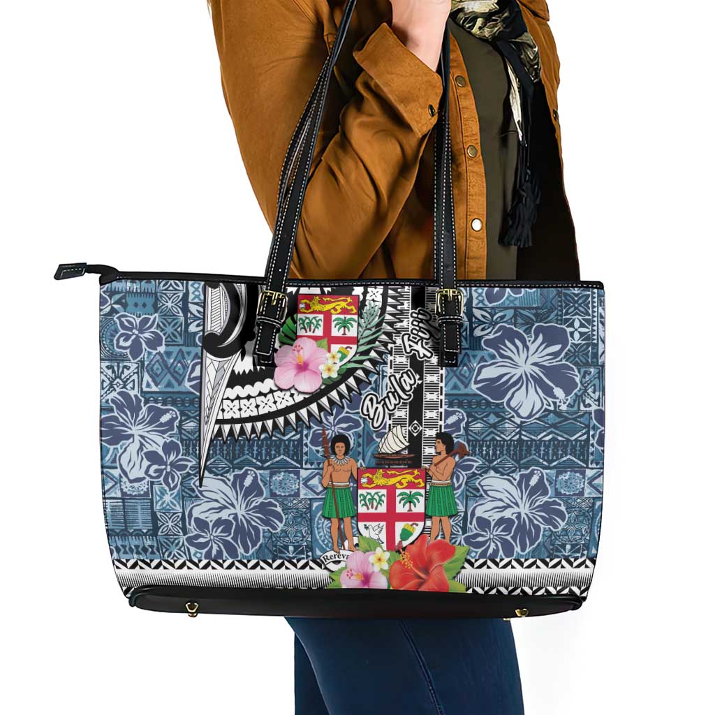 Fiji Day Leather Tote Bag Traditional Tapa with Hibiscus and Emblems