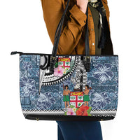 Fiji Day Leather Tote Bag Traditional Tapa with Hibiscus and Emblems