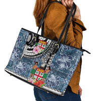 Fiji Day Leather Tote Bag Traditional Tapa with Hibiscus and Emblems