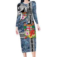 Fiji Day Long Sleeve Bodycon Dress Traditional Tapa with Hibiscus and Emblems