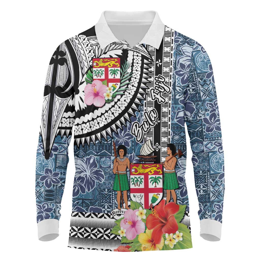 Fiji Day Long Sleeve Polo Shirt Traditional Tapa with Hibiscus and Emblems