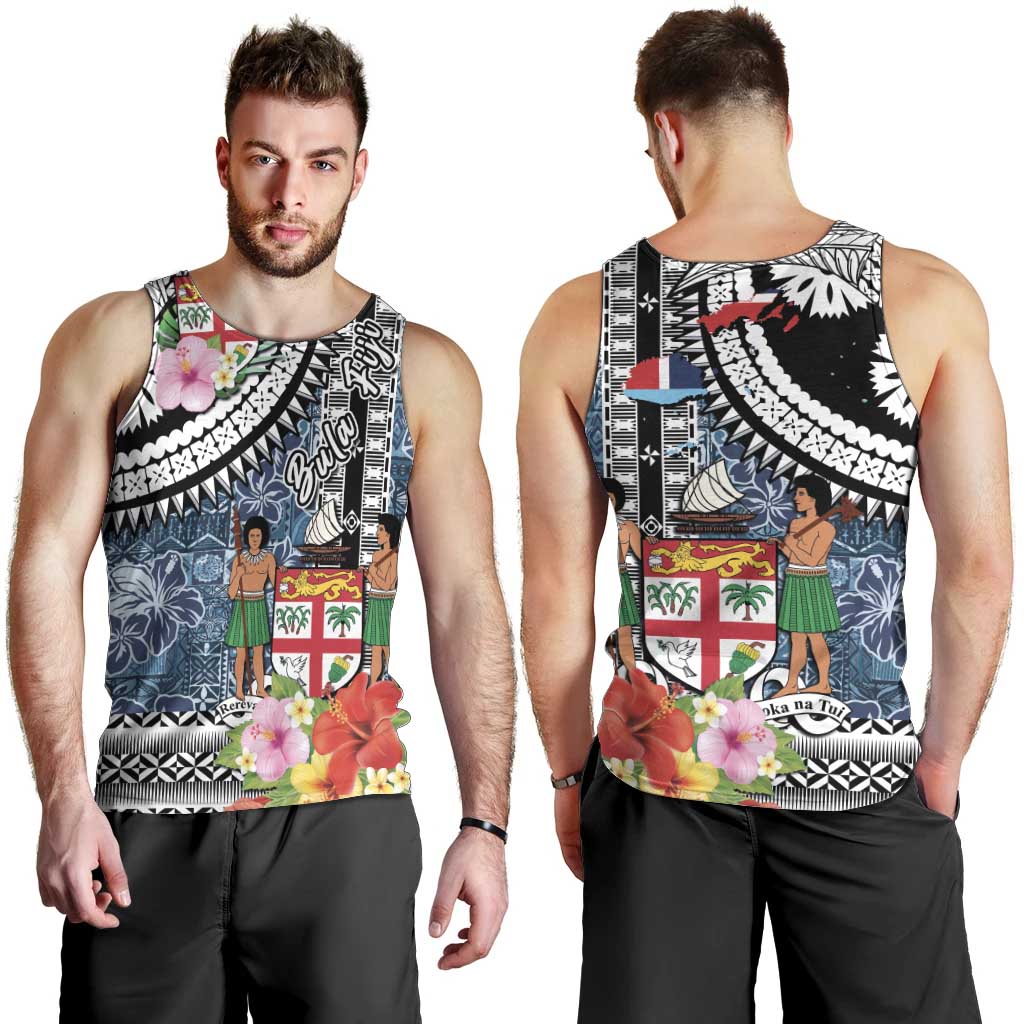 Fiji Day Men Tank Top Traditional Tapa with Hibiscus and Emblems
