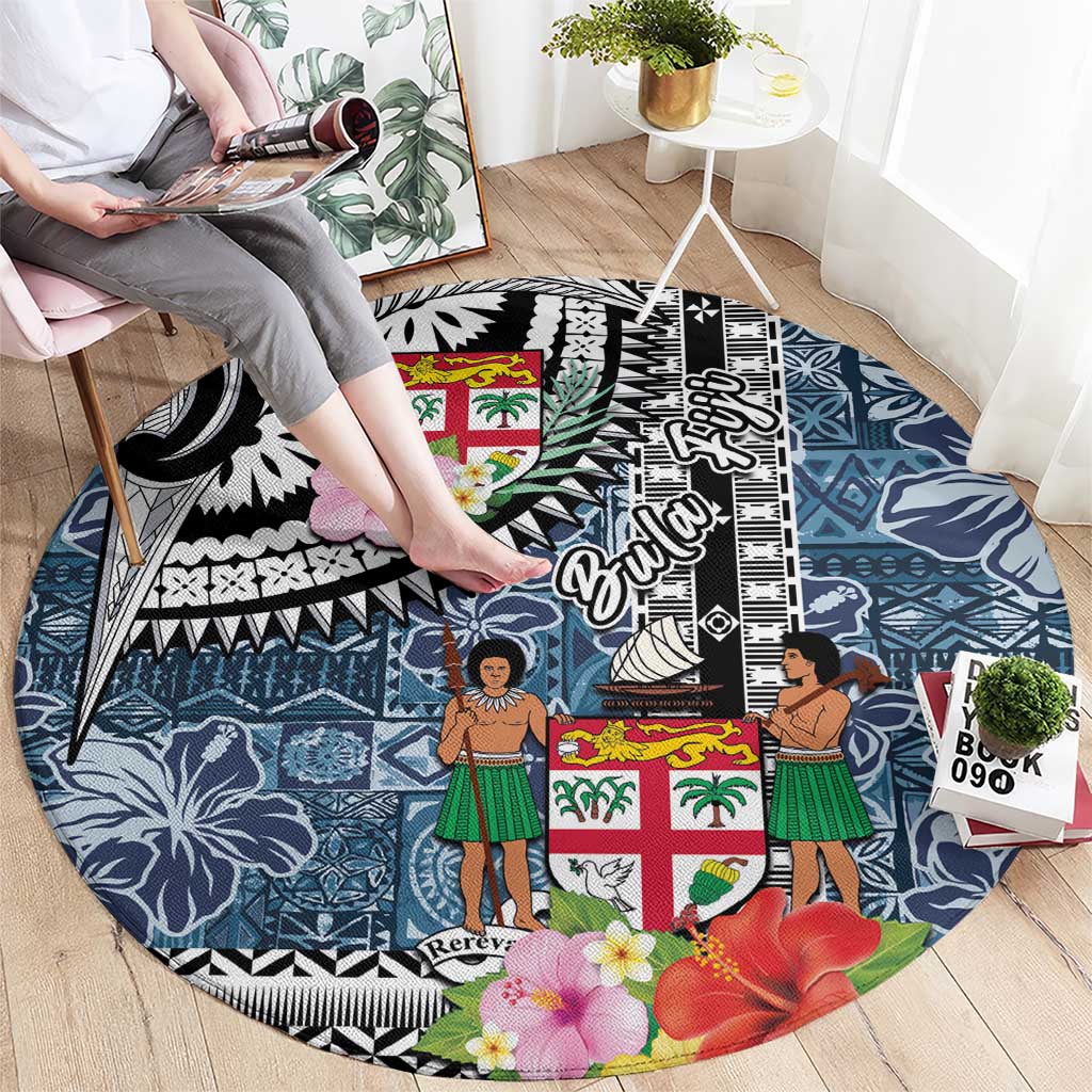 Fiji Day Round Carpet Traditional Tapa with Hibiscus and Emblems