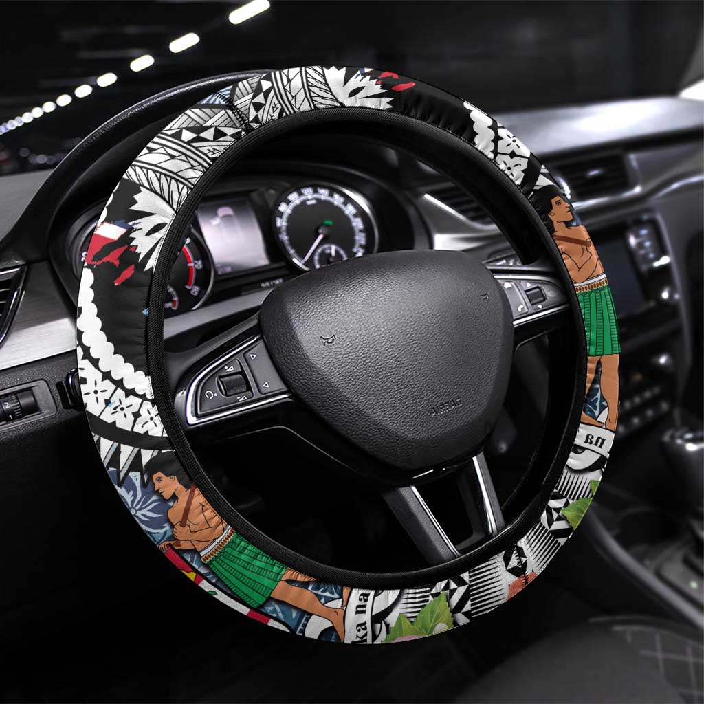 Fiji Day Steering Wheel Cover Traditional Tapa with Hibiscus and Emblems