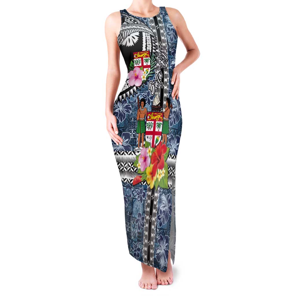 Fiji Day Tank Maxi Dress Traditional Tapa with Hibiscus and Emblems