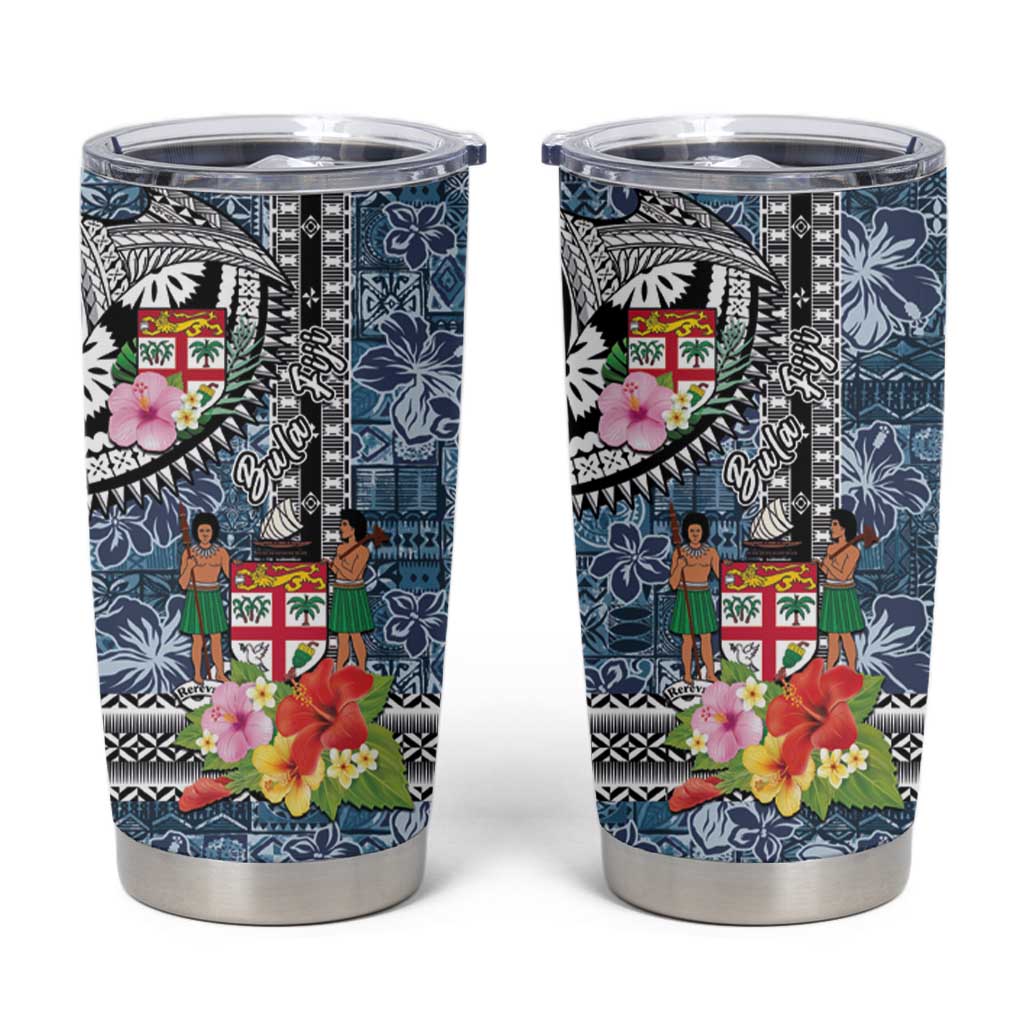 Fiji Day Tumbler Cup Traditional Tapa with Hibiscus and Emblems