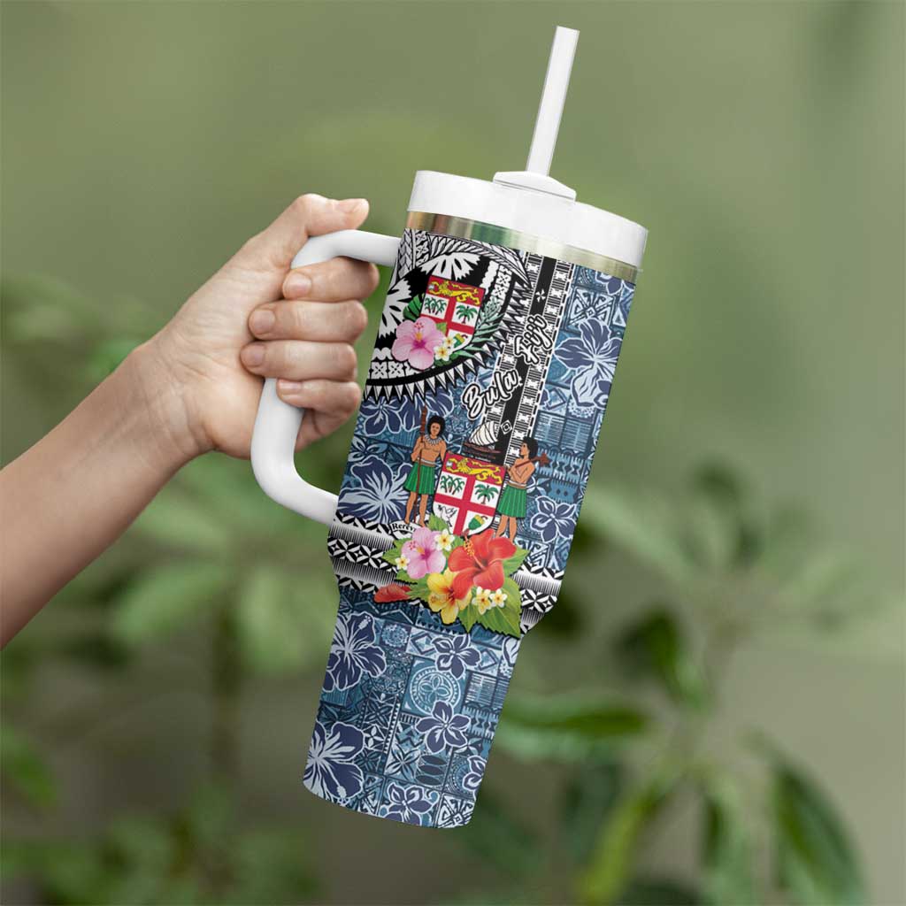 Fiji Day Tumbler With Handle Traditional Tapa with Hibiscus and Emblems