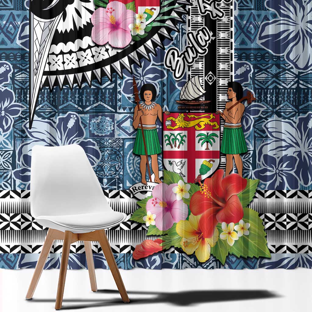 Fiji Day Window Curtain Traditional Tapa with Hibiscus and Emblems