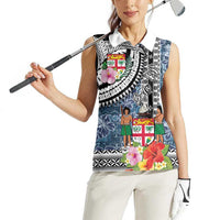Fiji Day Women Sleeveless Polo Shirt Traditional Tapa with Hibiscus and Emblems
