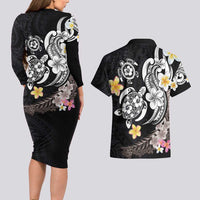 Hawaiian Tropical Plumeria Turtles Couples Matching Long Sleeve Bodycon Dress and Hawaiian Shirt Polynesian Art Tattoo LT03 - Polynesian Pride