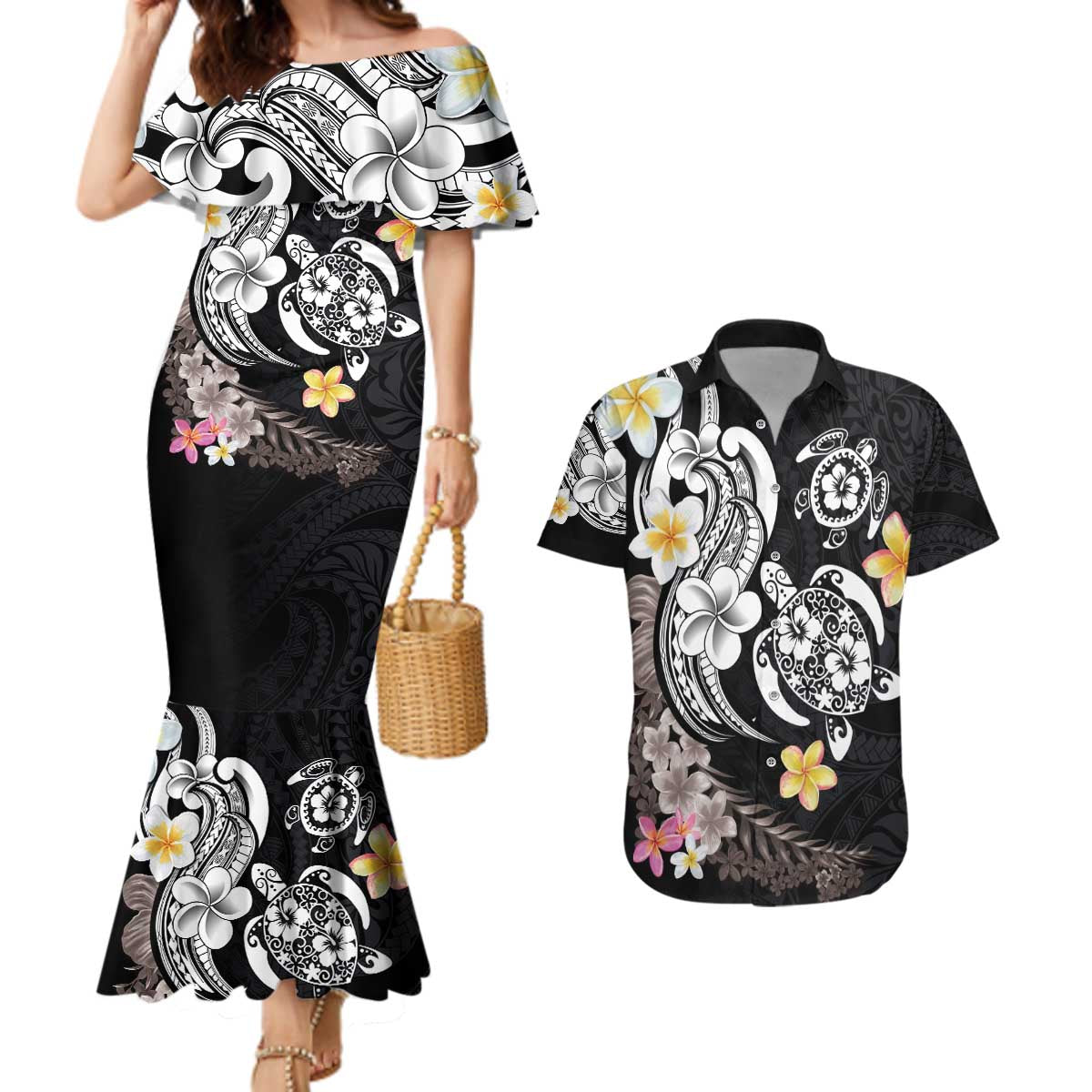 Hawaiian Tropical Plumeria Turtles Couples Matching Mermaid Dress and Hawaiian Shirt Polynesian Art Tattoo LT03 No Dress - Polynesian Pride