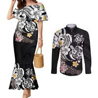 Hawaiian Tropical Plumeria Turtles Couples Matching Mermaid Dress and Long Sleeve Button Shirt Polynesian Art Tattoo LT03 No Dress - Polynesian Pride